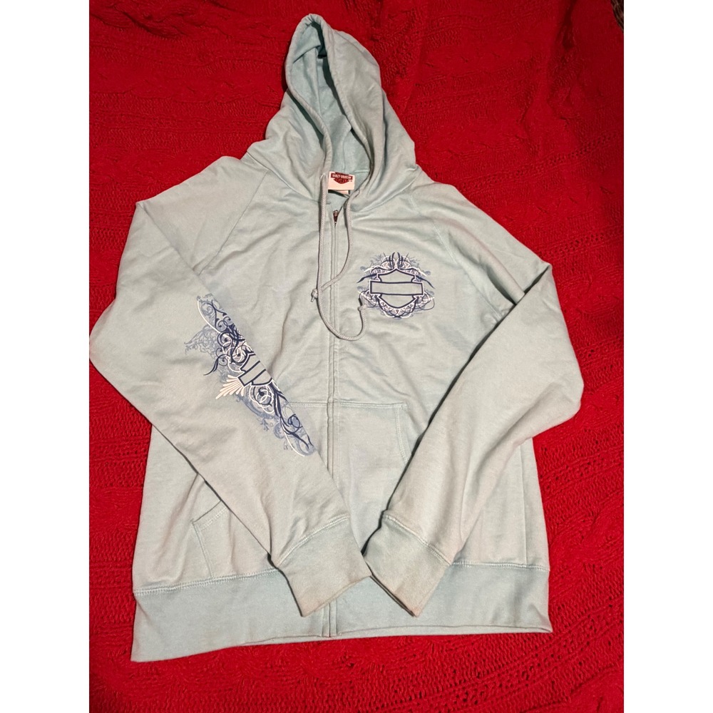 Harley Davidson Womens Light Blue Butterfly Rhinestone Zip Up Hoodie Aces Eights